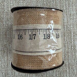 Measuring Tape Motif Burlap Wired 4" Ribbon Beige and Black Brand New/Sealed